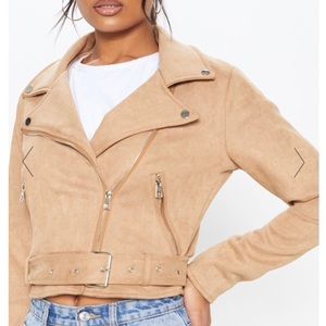 Camel Faux Suede Biker Jacket